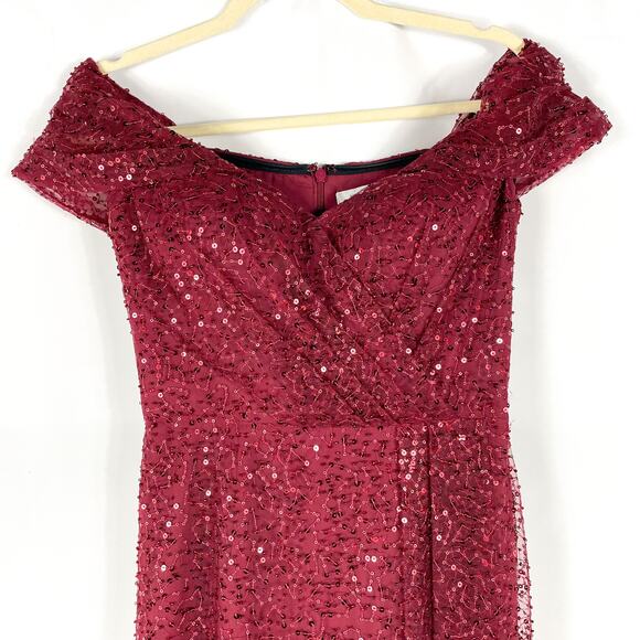 Teri Jon Burgundy Gown Sequin Beaded Tulle Off the Shoulder Dress Sz 2‎ Women's - Picture 3 of 9